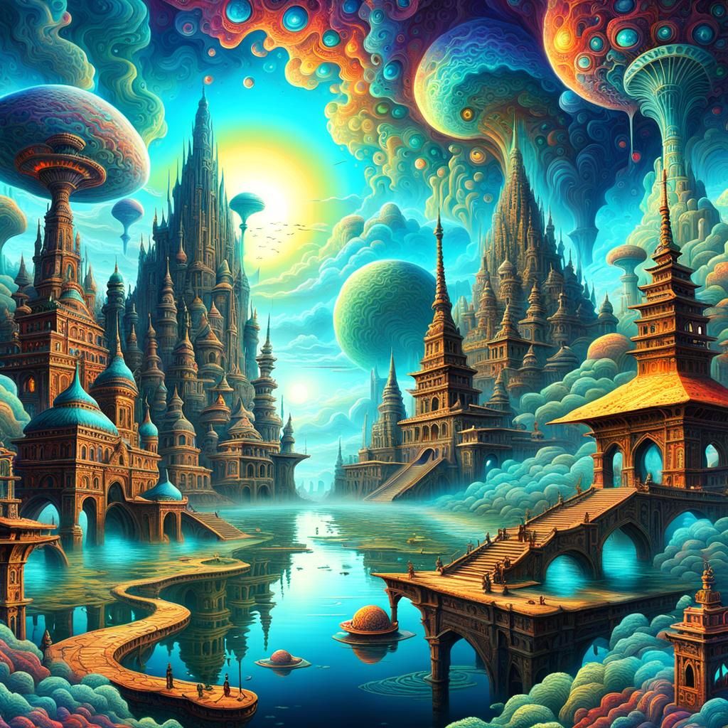 Psychedelic Flooded Civilization Dreamscape in Fractal Art