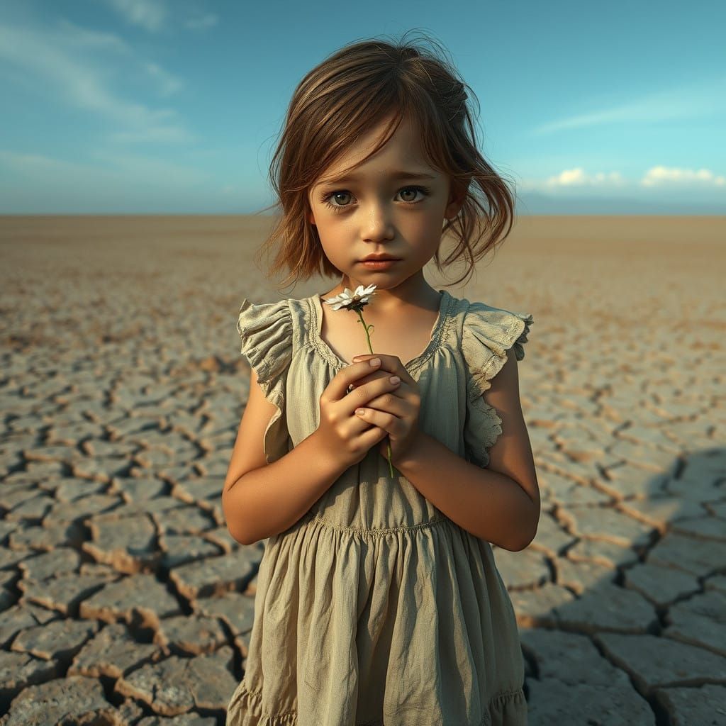 Young Girl Mourns Lonely Expanse with Wilting Flower