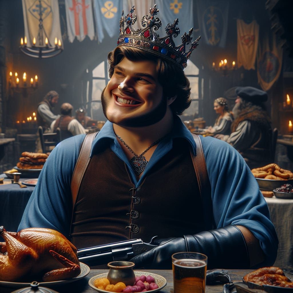 Medieval King in Tavern: A Cinematic Film Still