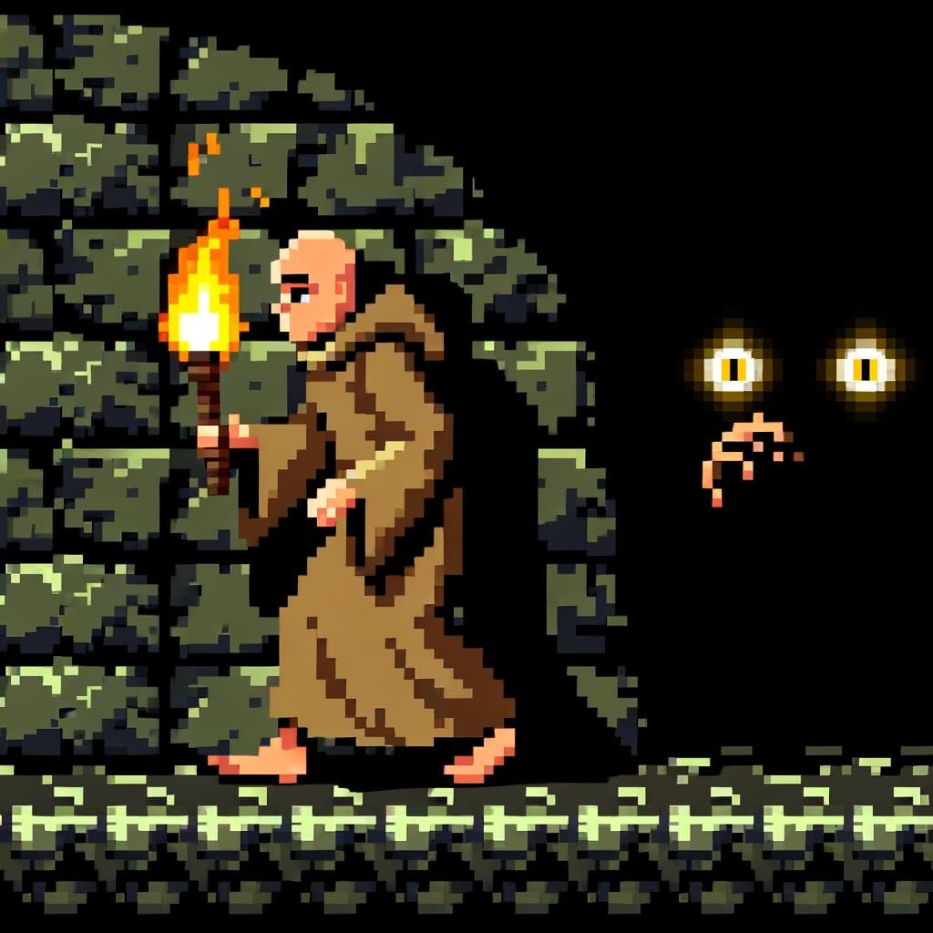 Retro Pixel Art Monk in a Sinister Dungeon
