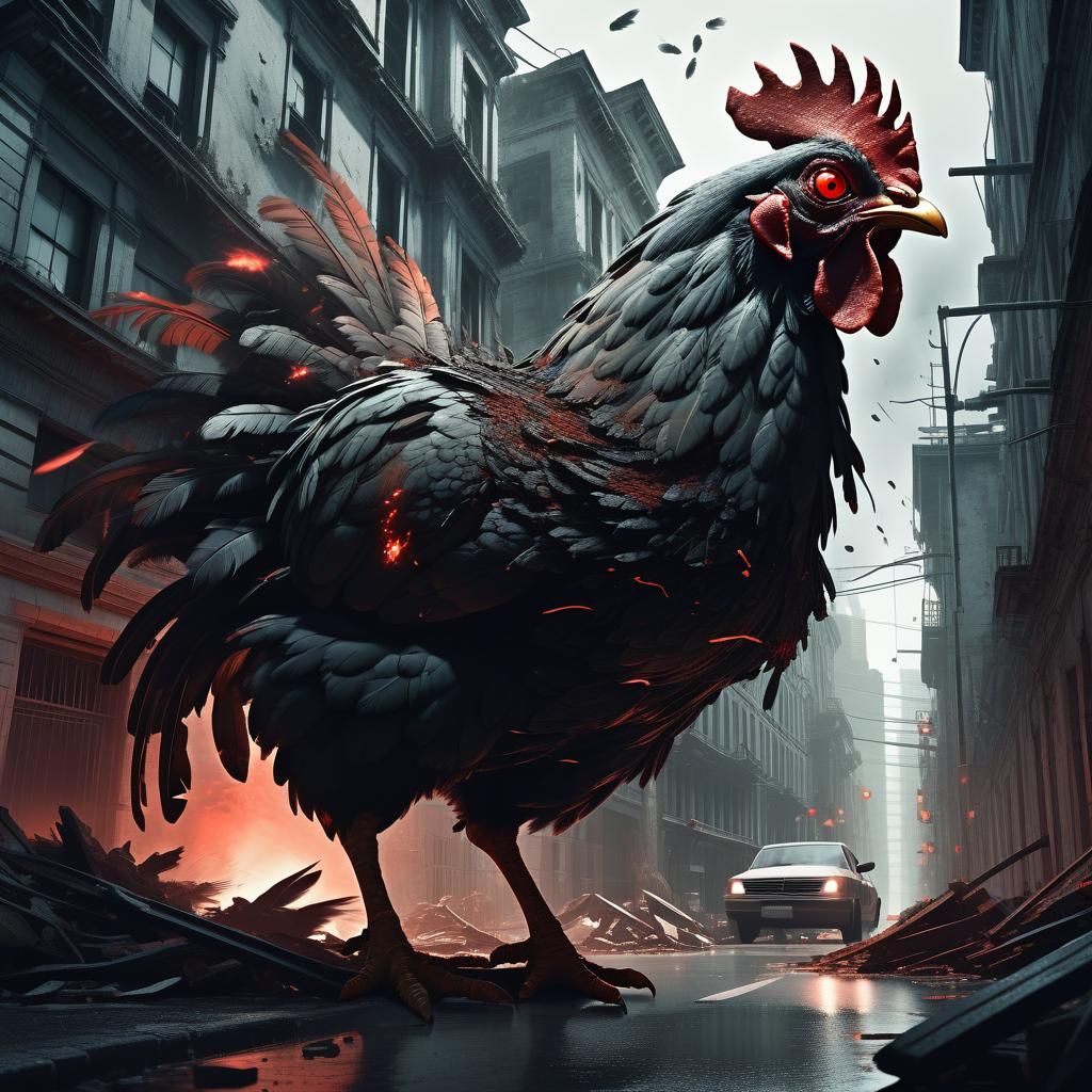 Giant Chicken Rampage in Dark Fantasy City