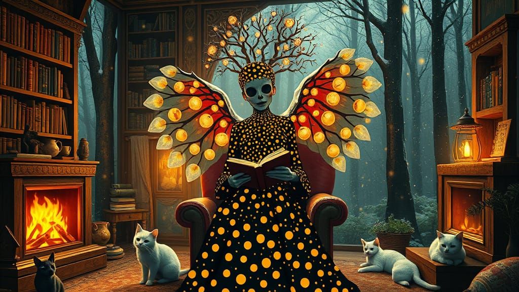 Surreal Angel of Death in Polka Dot Landscape