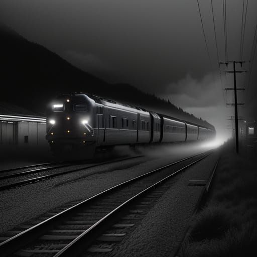 Train Speeds Through Moonlit Valley in Film Noir Style