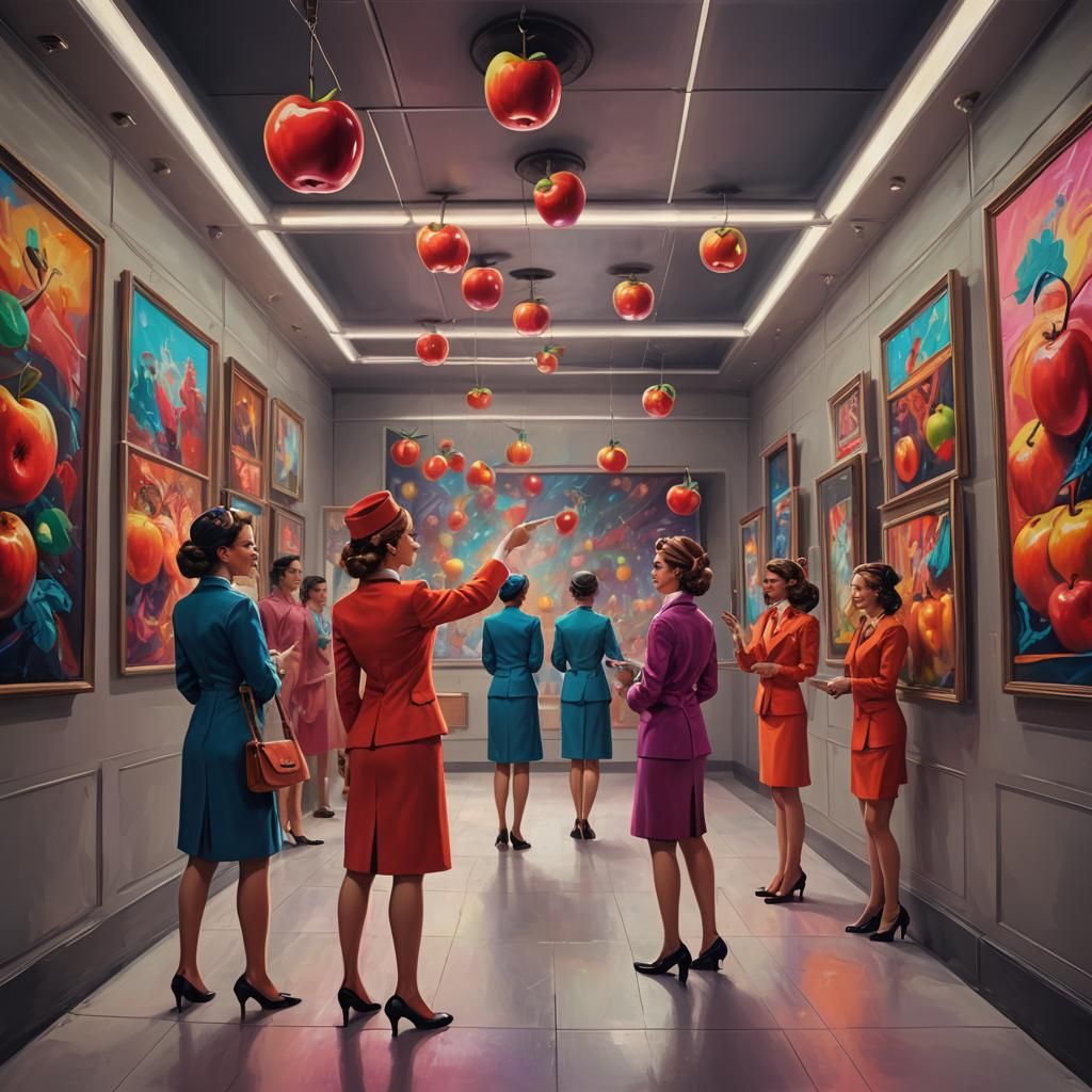 Stewardess Directs Art Gallery Visitors, Detailed Matte Pain...