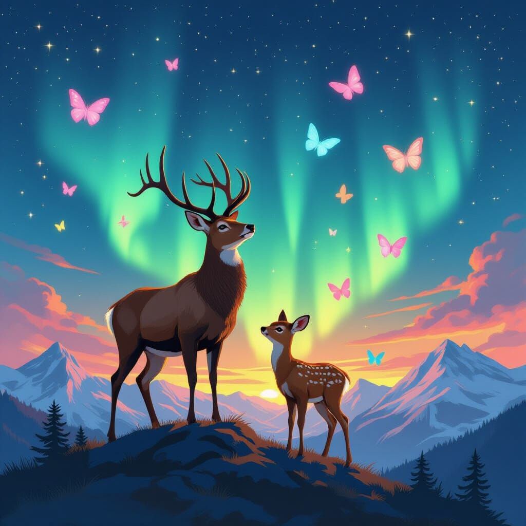 Deer Family Watch Aurora Borealis in Fantasy Style