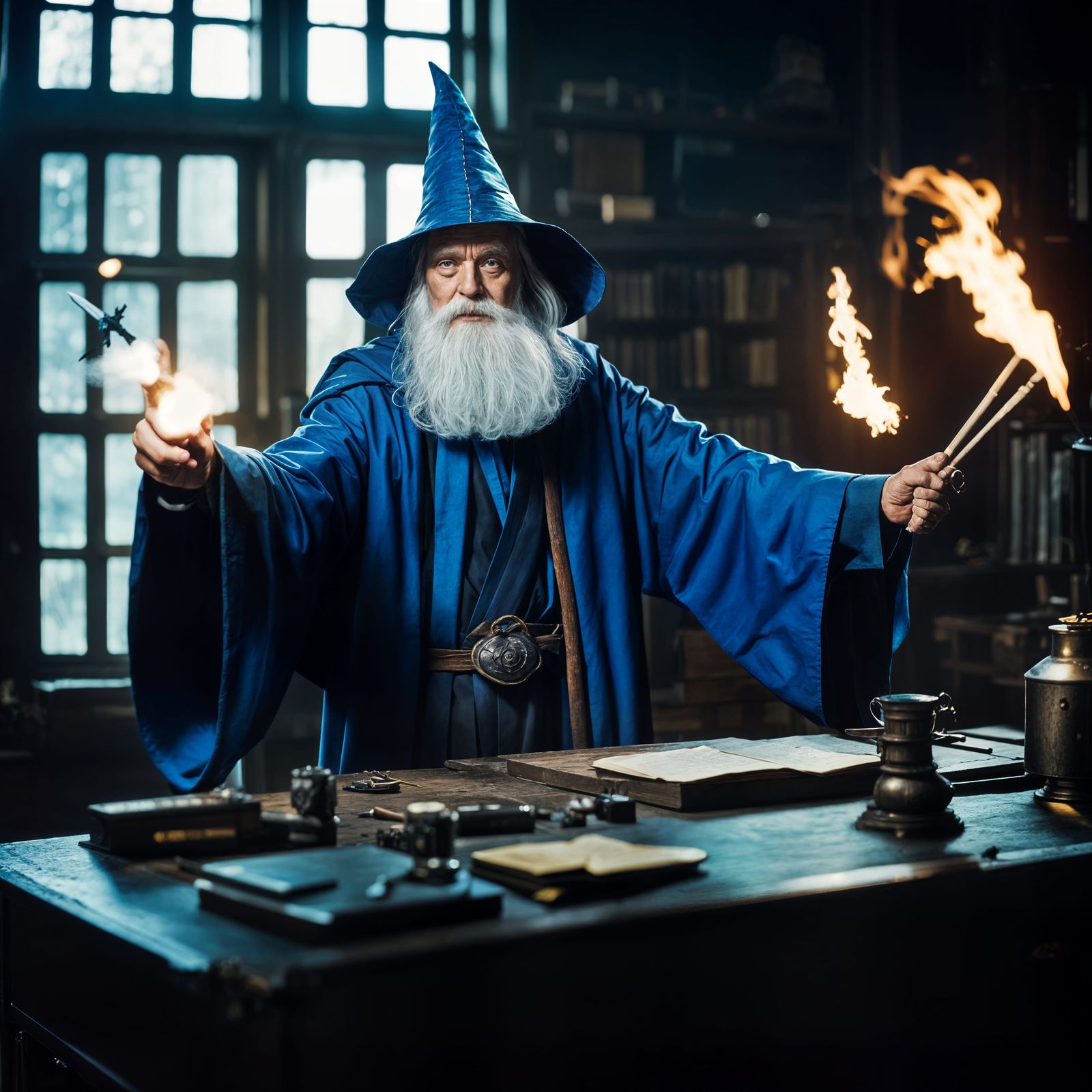 Wizard Teacher Shooting Fire, Cinematic Film Still