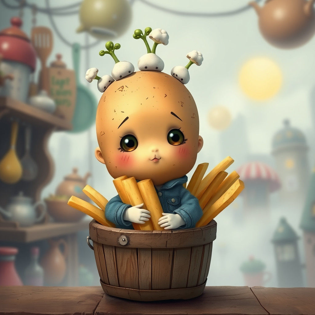 Chibi Potato Boy with French Fry, Surreal Digital Art