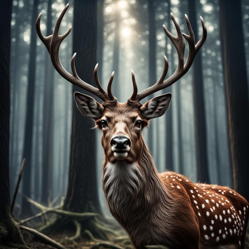 Mystical Deer God in Hyperrealistic Forest Scene