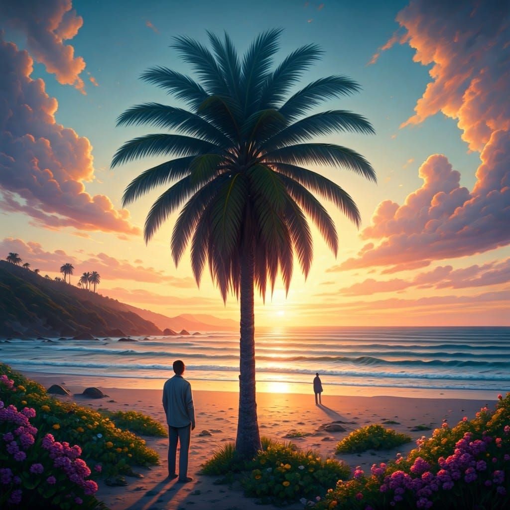 Lone Palm Tree at Sunset: Ethereal Fantasy Art