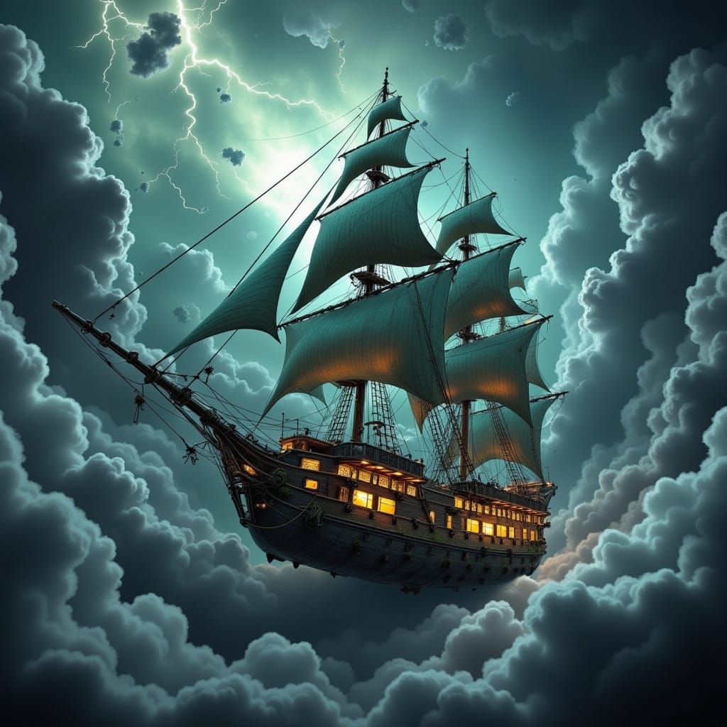 Sailing Ship Captures Lightning Above Clouds