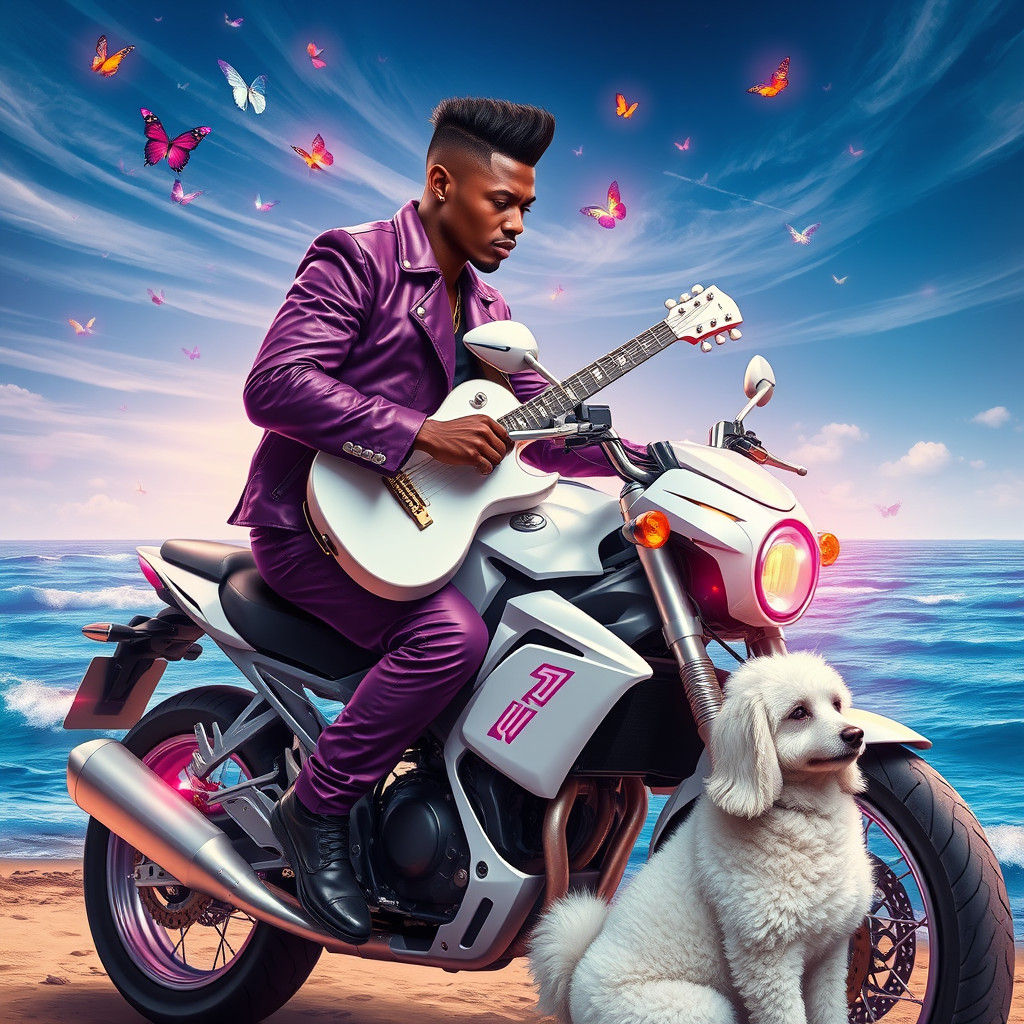 Man on Motorcycle with Guitar in Dreamlike Scene