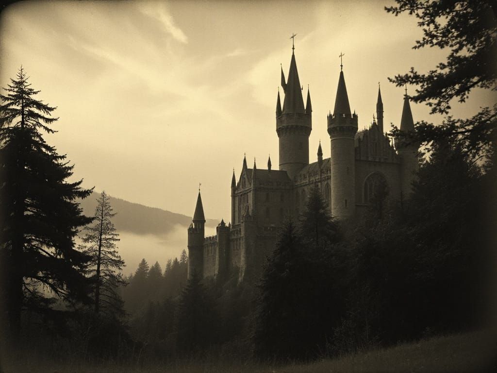 Monochrome Fantasy Castle in a Vintage Photograph
