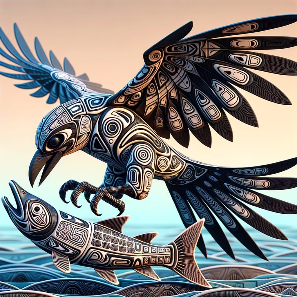 Winged Raven Poking Salmon in 3D Haida Art