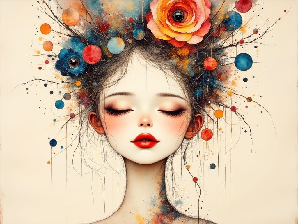 Whimsical Female Portrait in Ink and Watercolor