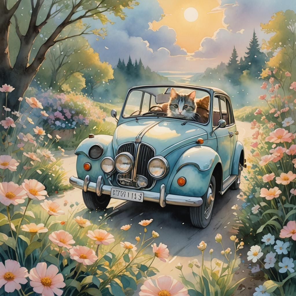 Kitten Driver in Car at Dawn: Watercolor Art