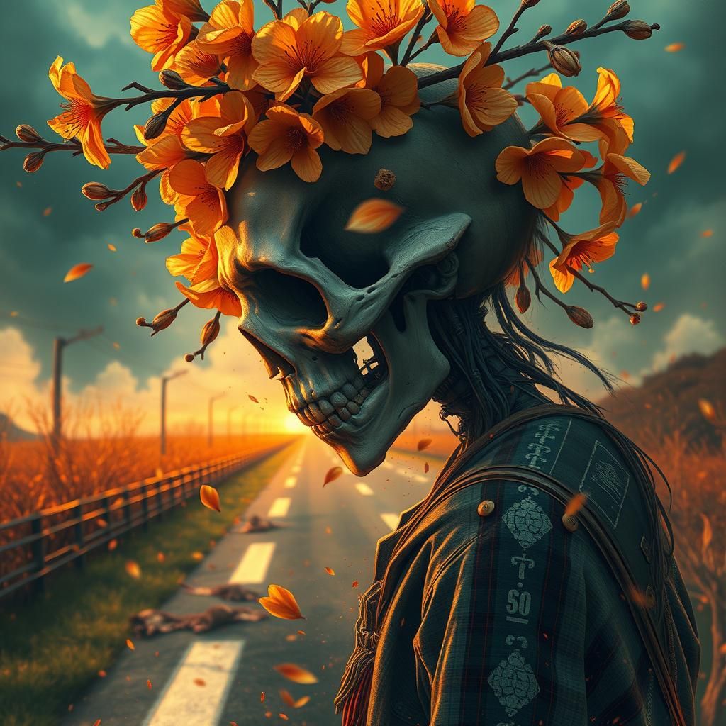 Death Crowned with Blossoms: Hyperrealistic Concept Art