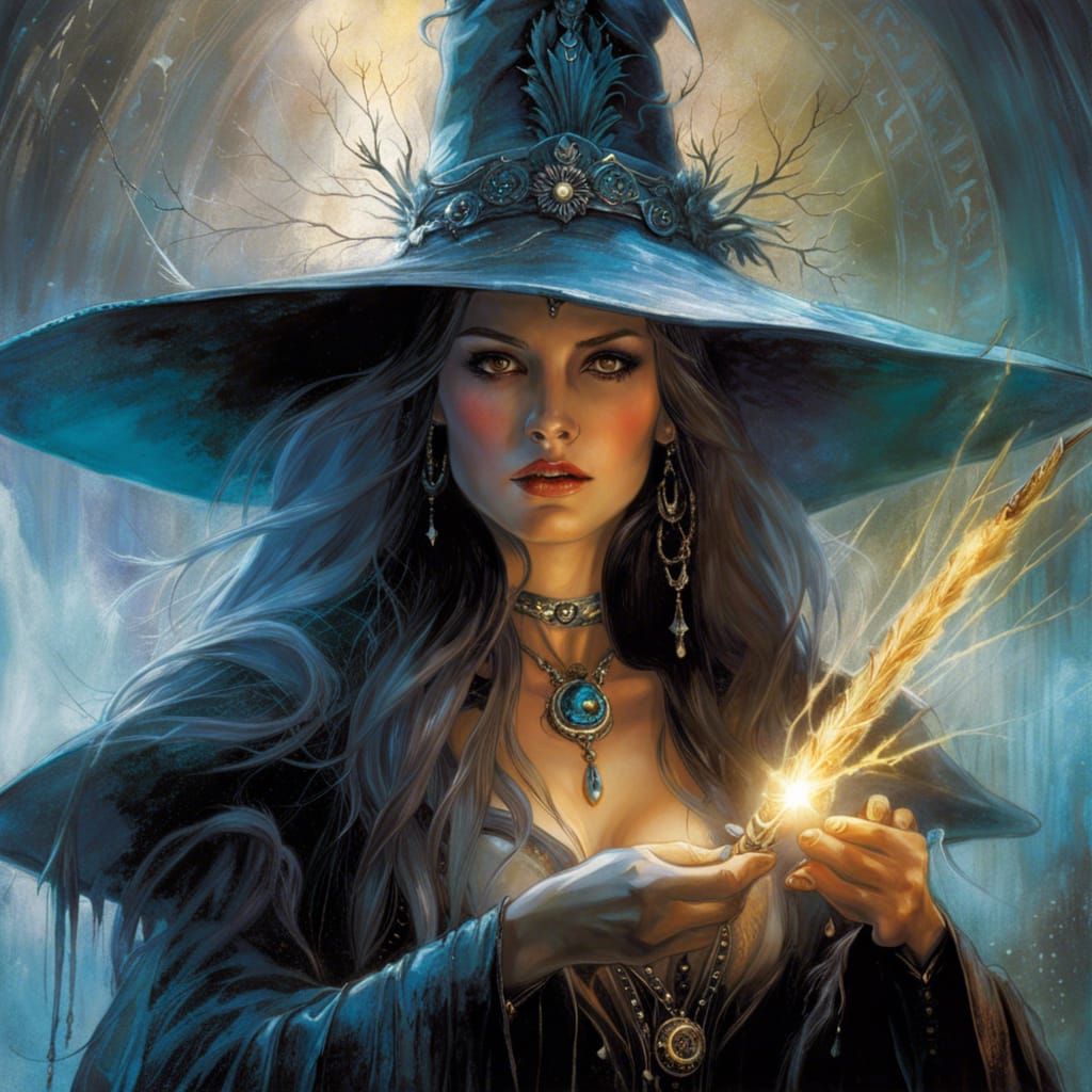 Detailed Witch Casting Spell in Pastel Colors