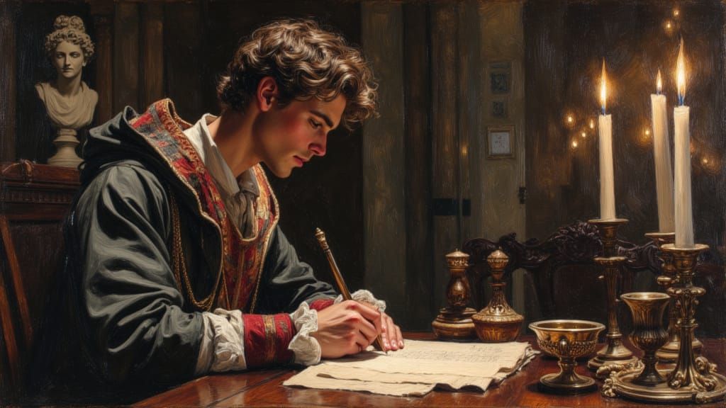 Renaissance Nobleman Writes Sonnet in Charcoal Style