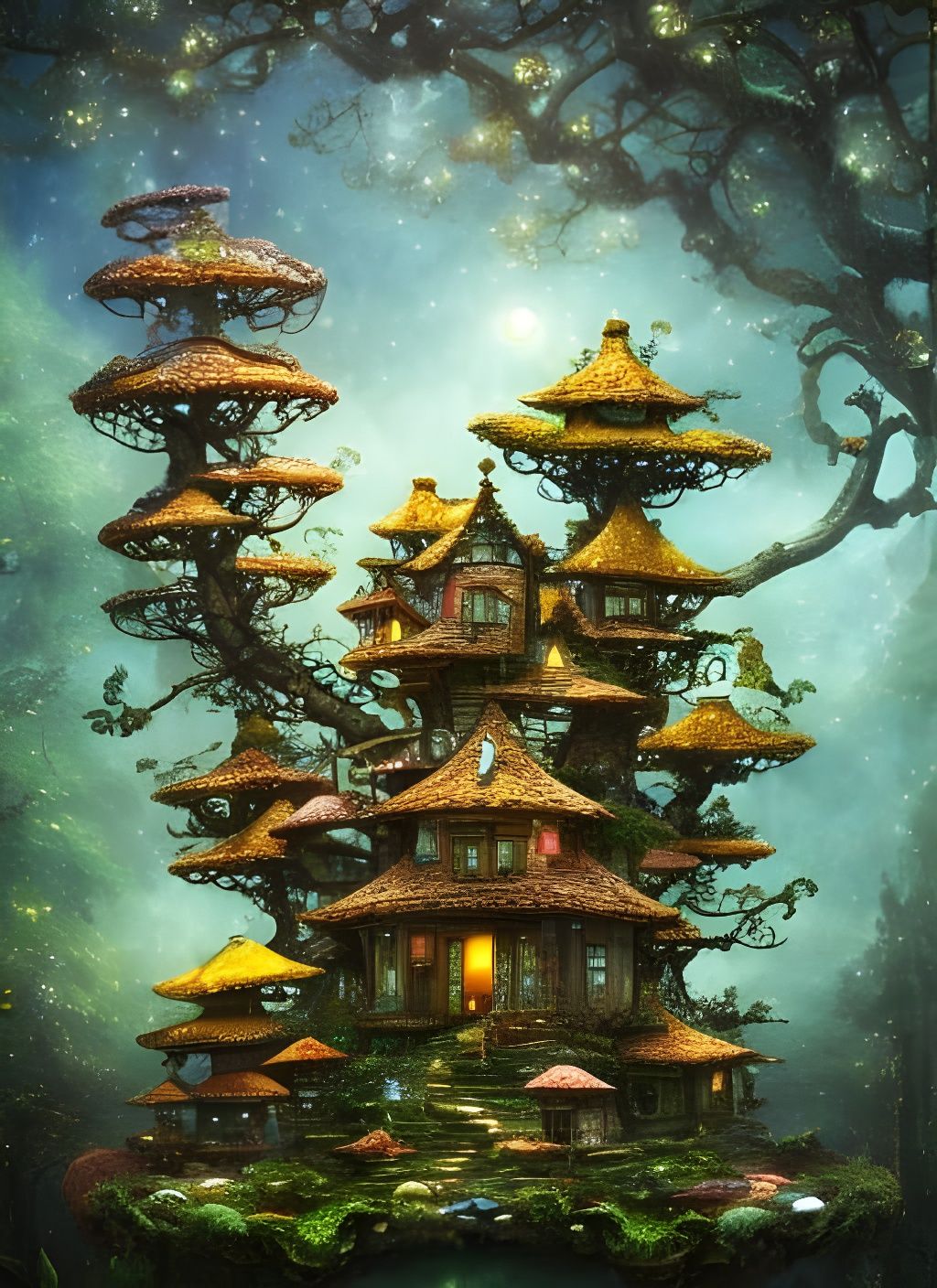 Clockpunk Bonsai Fairytale Village in Digital Illustration