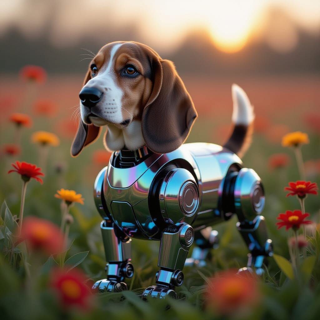 Metallic Basset Hound in Flower Field, Futuristic Design