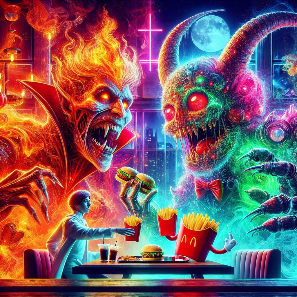 Dracula and Frankenstein at a Fantasy McDonald's