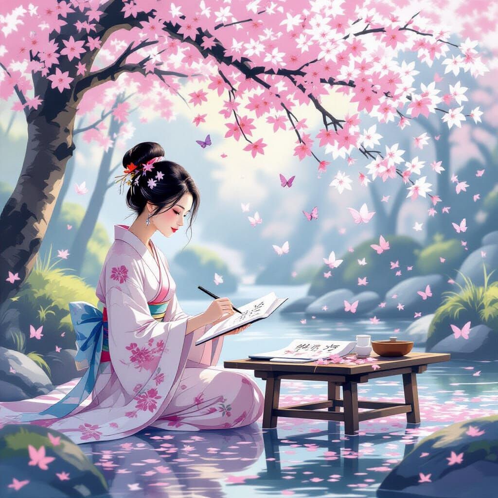 Serene Garden Calligraphy Scene in Woodblock Style