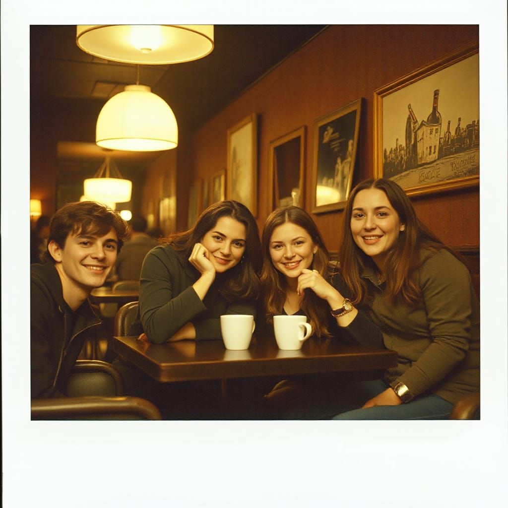 Friends in a Cozy Coffee Shop in Polaroid Style