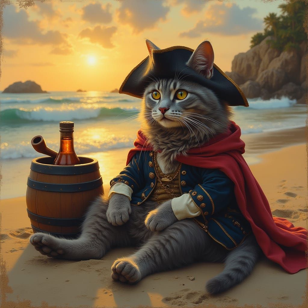Pirate Cat Lounging on Beach at Sunset