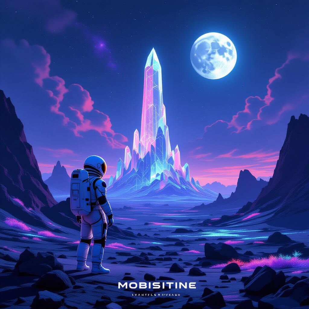 Astronaut on Alien Planet Gazes at Crystalline Structure