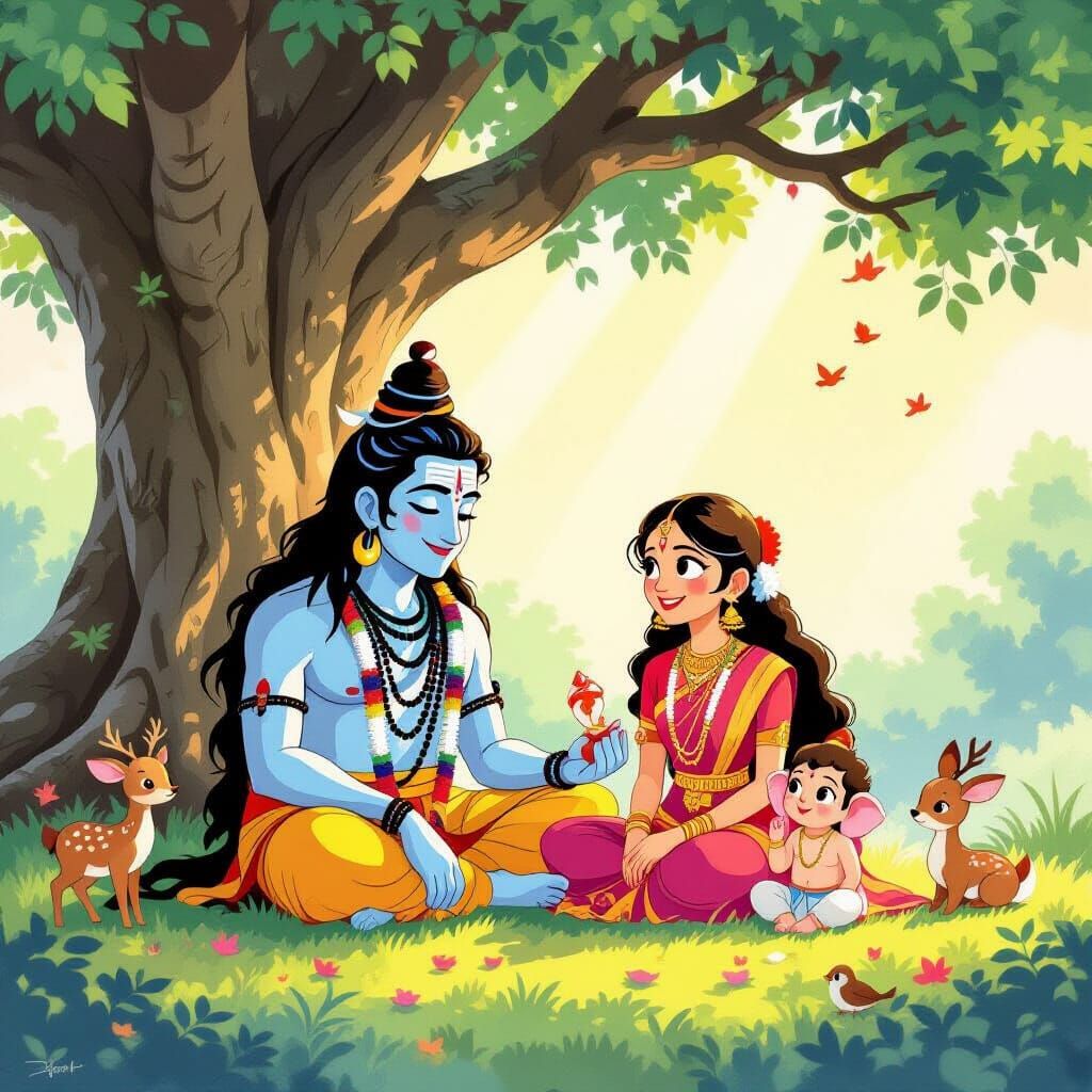 Shiva, Parvati, and Ganesha Under Banyan Tree, Ghibli-Style