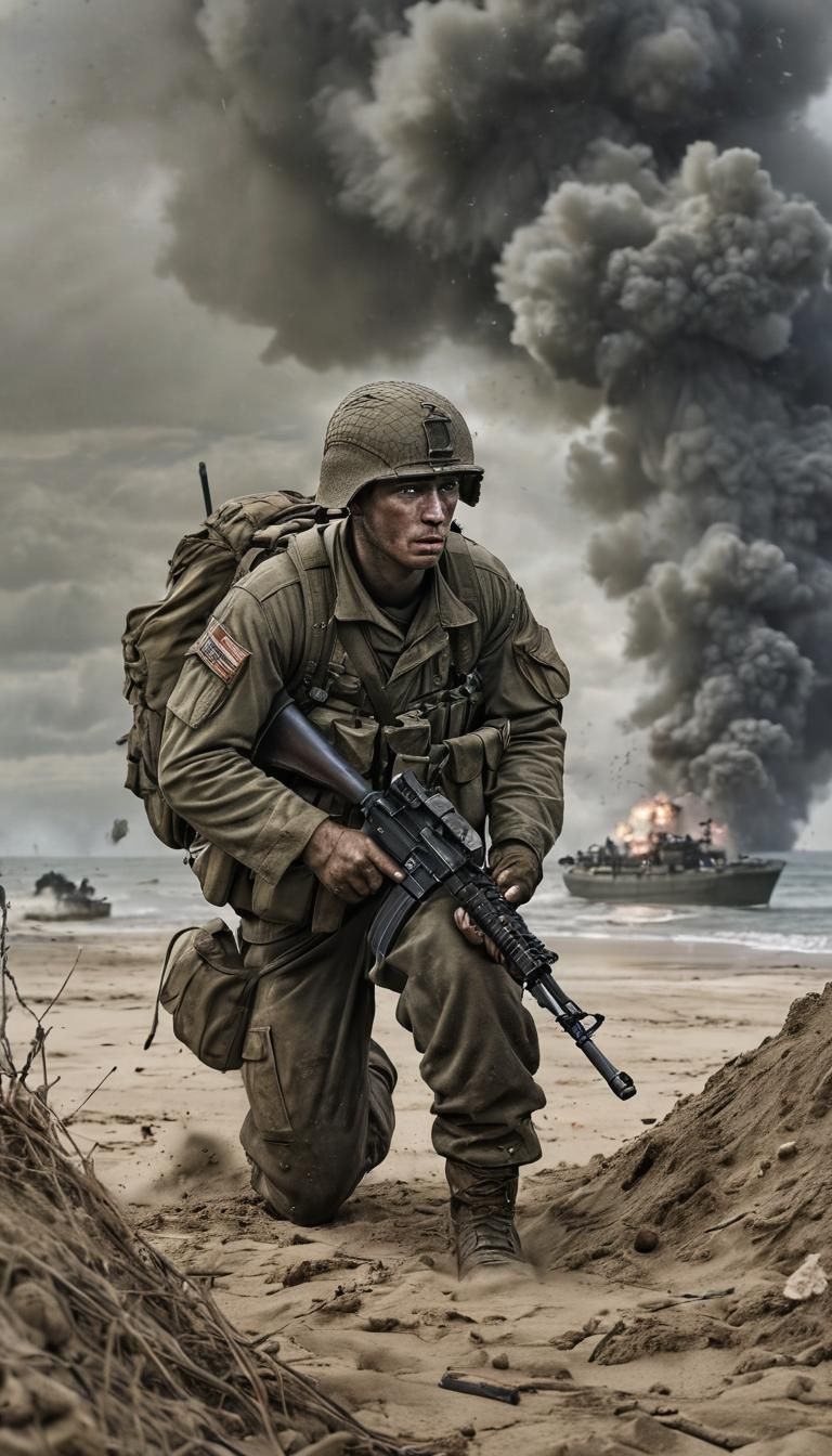 A determined American soldier in full combat gear, storming ...