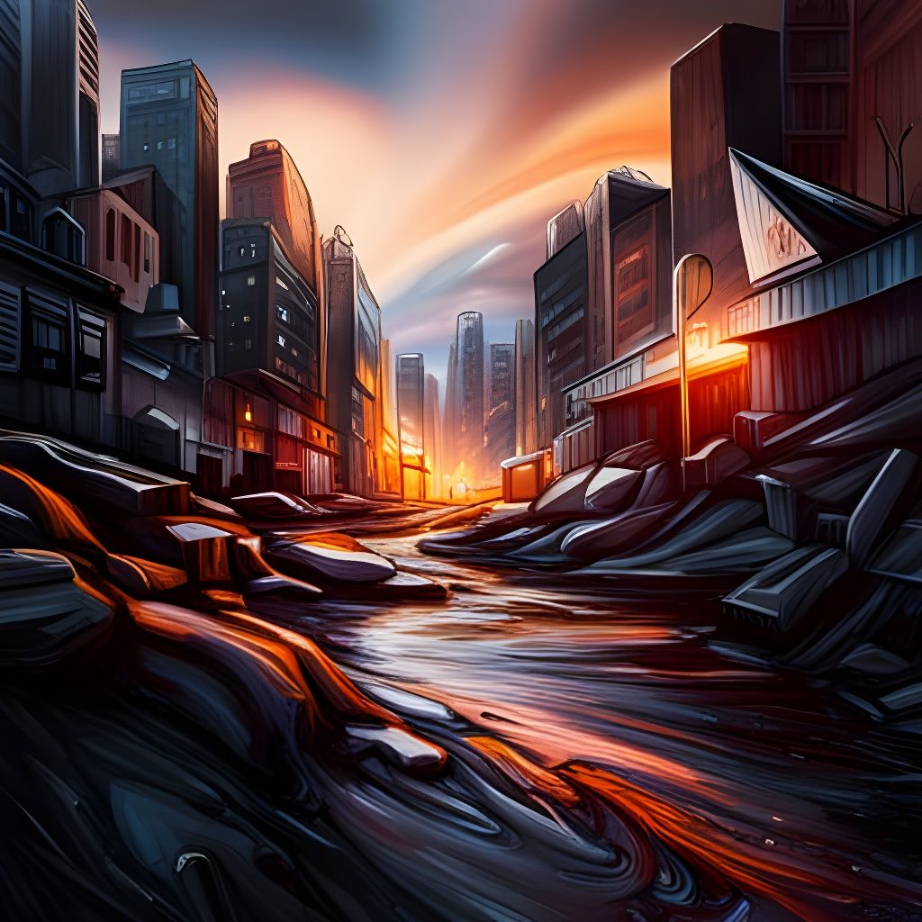 Surreal Cityscape: Gloomy Sunset in Hyperrealistic Style