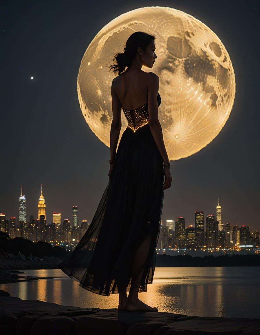 Ethereal Goddess Illuminated by Golden Moonlight