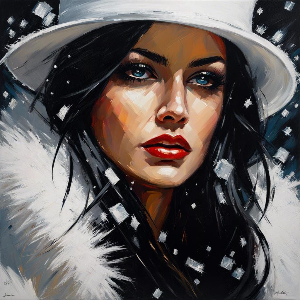 Woman in Fur Hat with Snowflakes, Abstract Expressionism