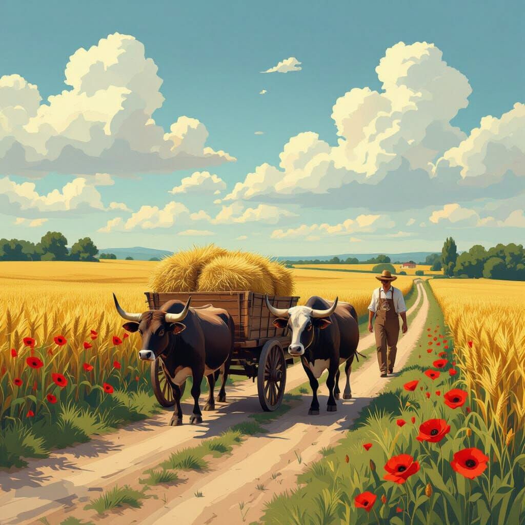 Bucolic Hay Cart Scene with Oxen and Farmer in Neo-Cubist St...