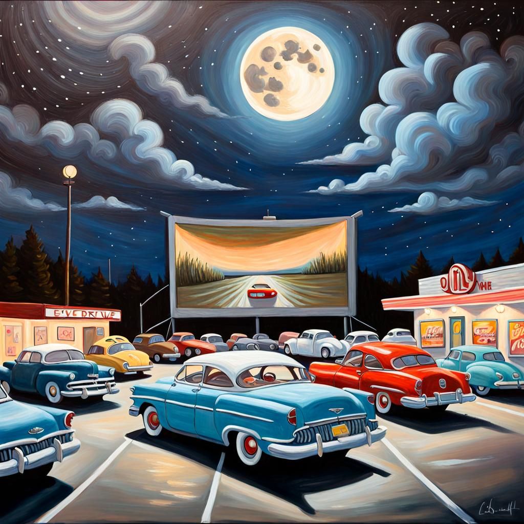 Drive-In Movie Theater in Detailed Oil Painting