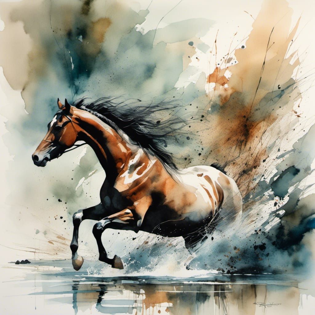 Horse Galloping Through Woodland Stream in Watercolour