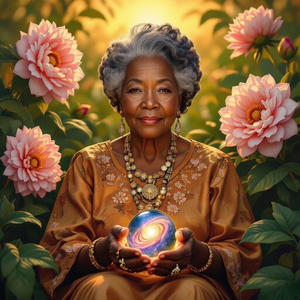 Elderly Woman in Vibrant Garden with Galaxy Orb