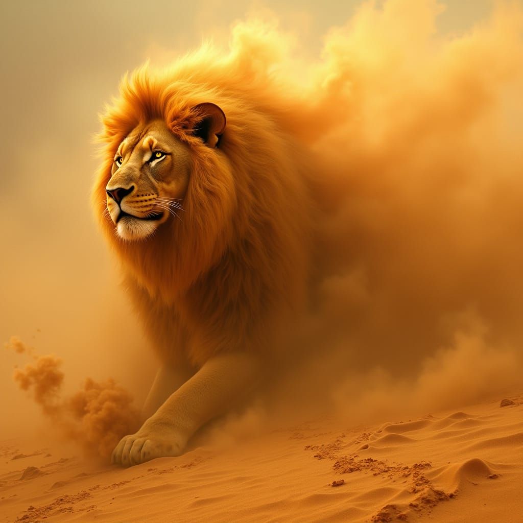 Surreal Lion Emerges from Whirlwind Sandstorm