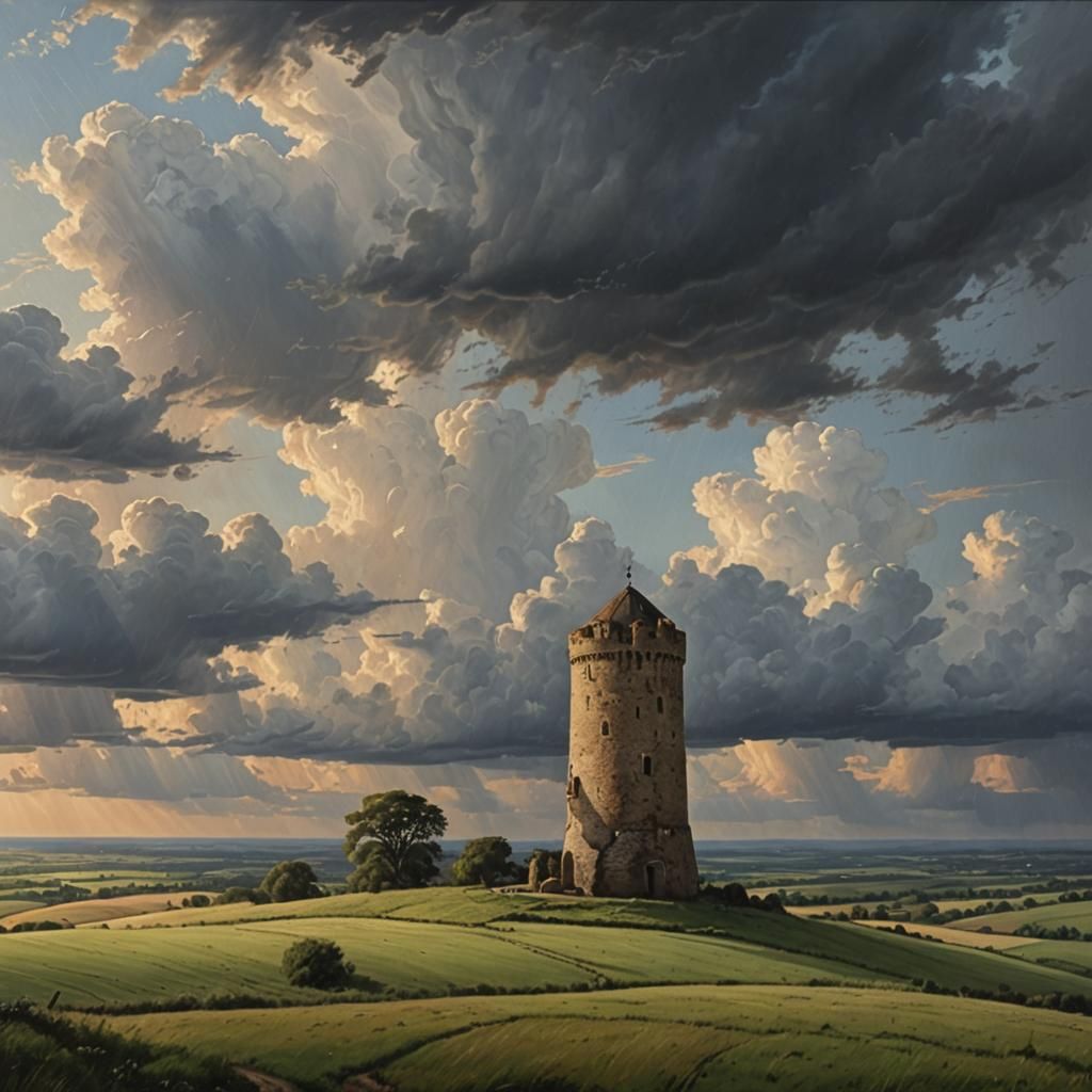 Plain Round Tower on Hill in Evening Light
