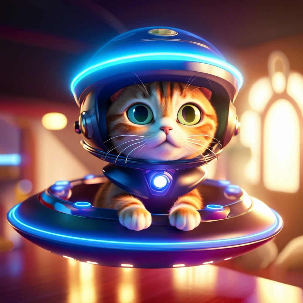 Adorable Cat Piloting a UFO in Animated Style
