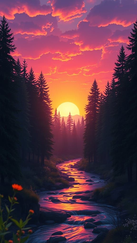 Sunrise Forest Scene in Whimsical Digital Painting Style