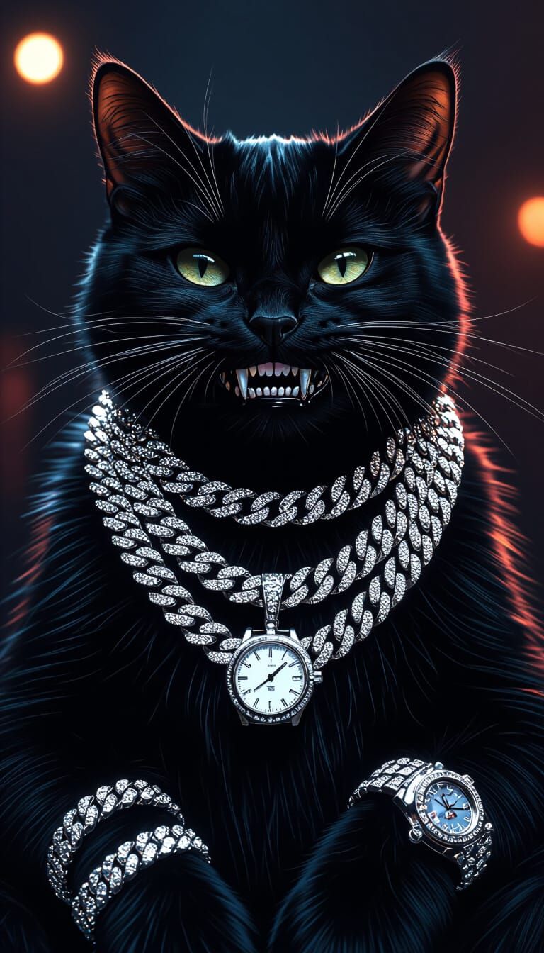 Cat with Diamond Grillz and Iced Out Jewelry