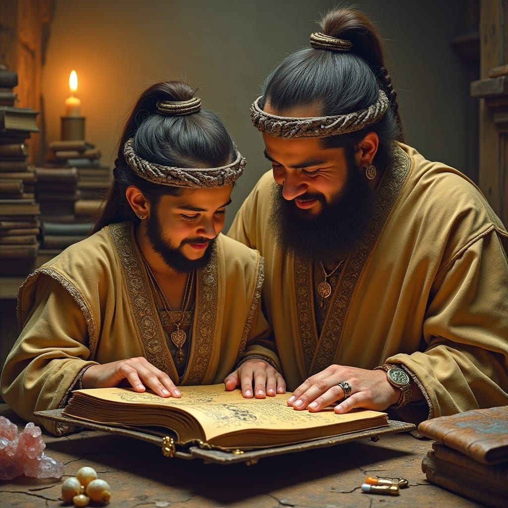 Father and Son Studying Ancient Text