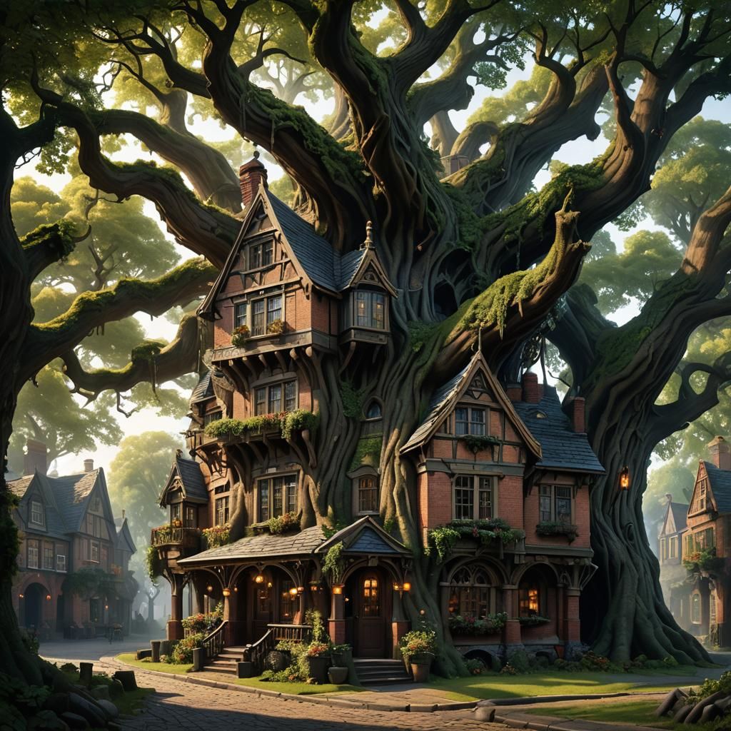 Haunted Pub in Ancient Tree: Fantasy Watercolor Sketch