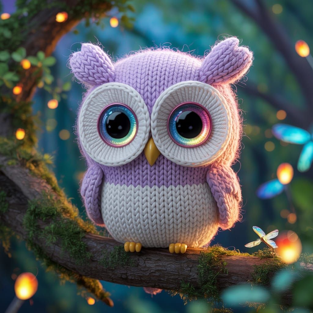 Cute Knitted Owl Portrait in Chibi Style