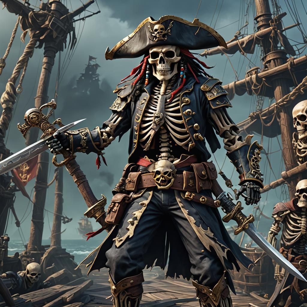 Skeleton Pirate Captain With Cutlass in Detailed Matte Paint...