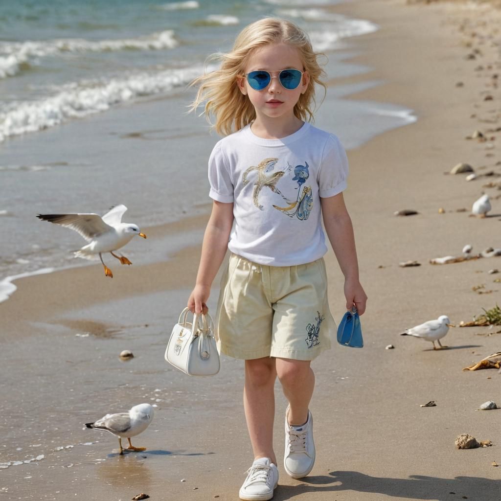 Art Nouveau Girl on Beach at Golden Hour