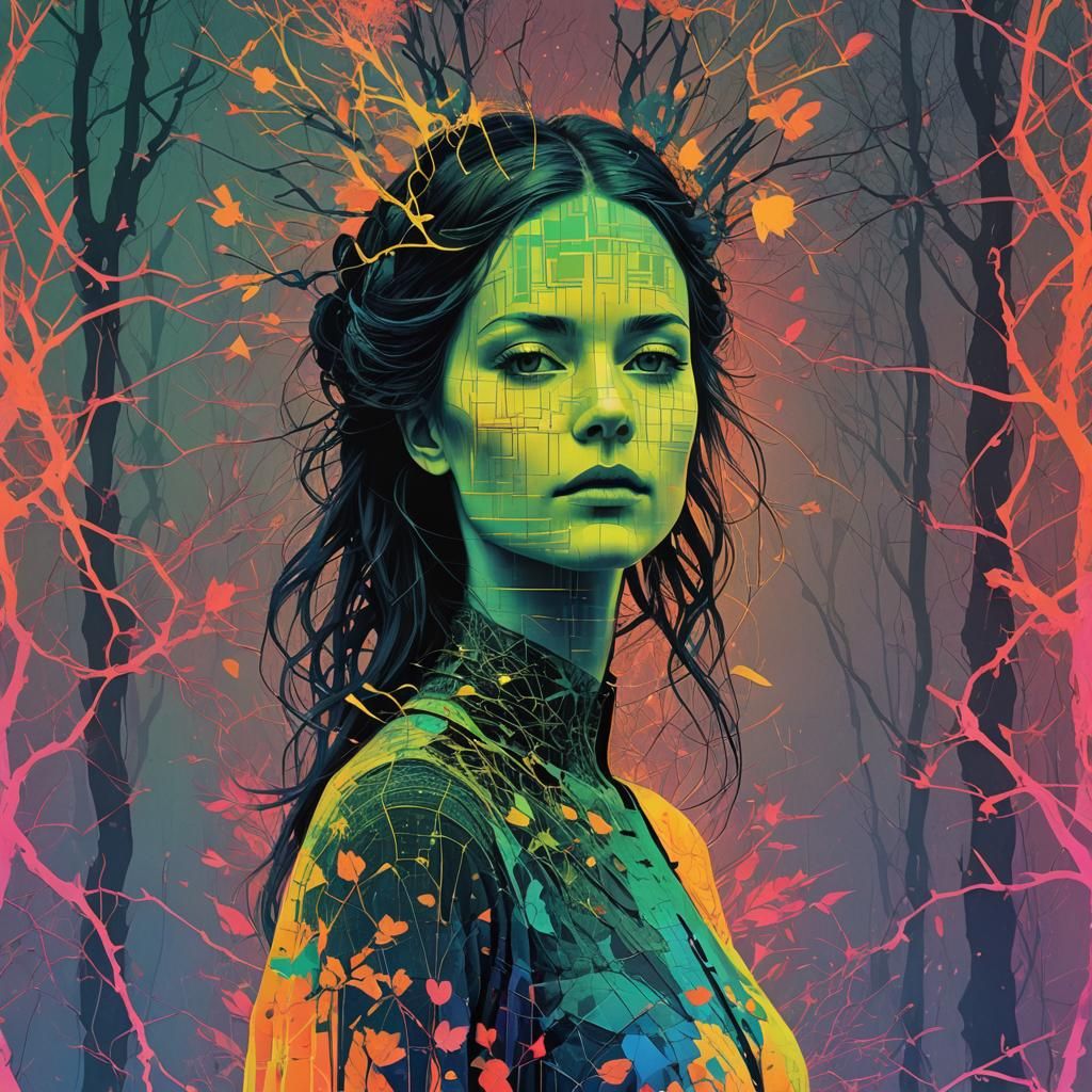 Neon Pagan Ritual in Glitch Art Style