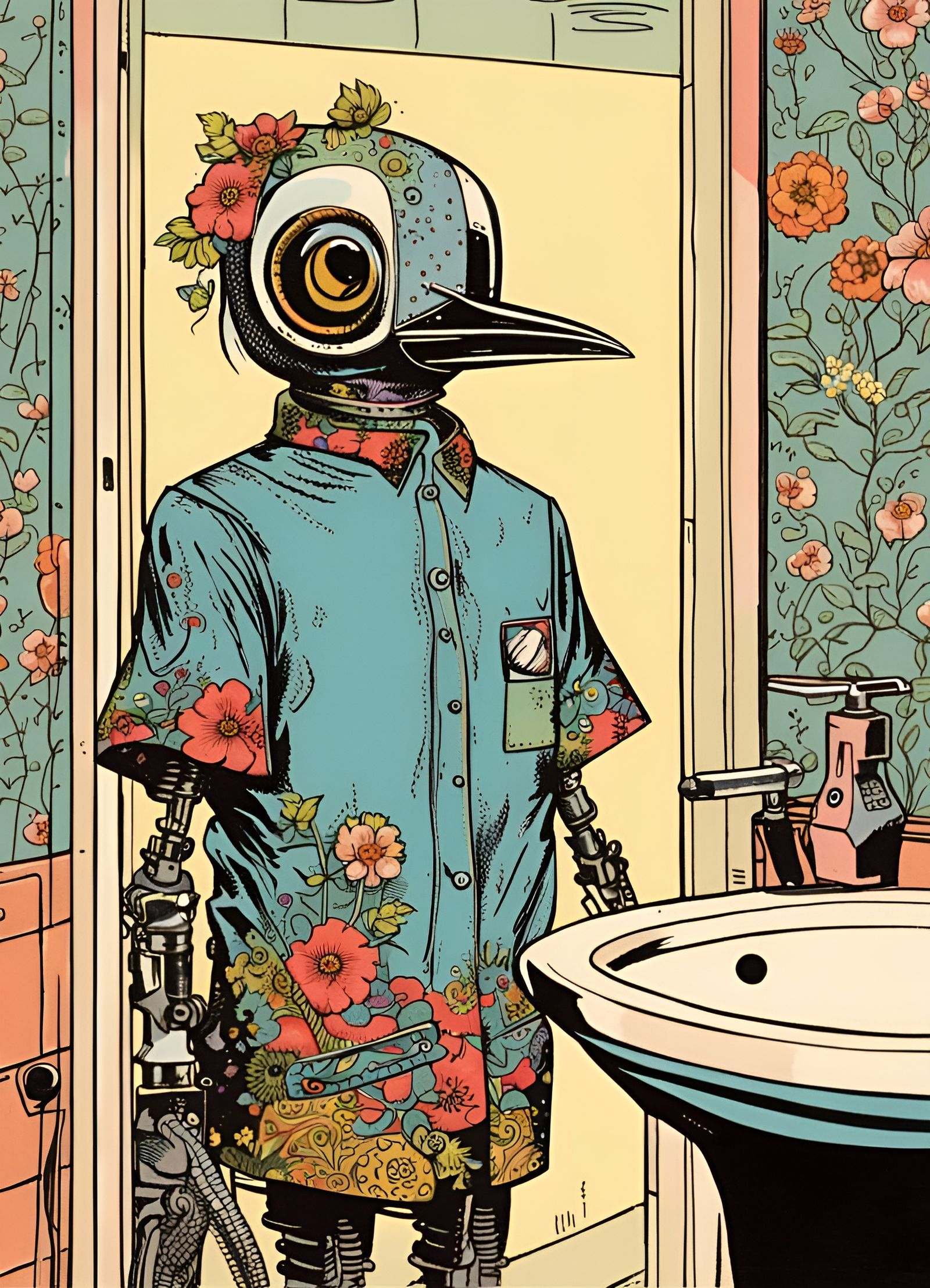Bird Robot in Bathroom, Retro 60s Screen Print